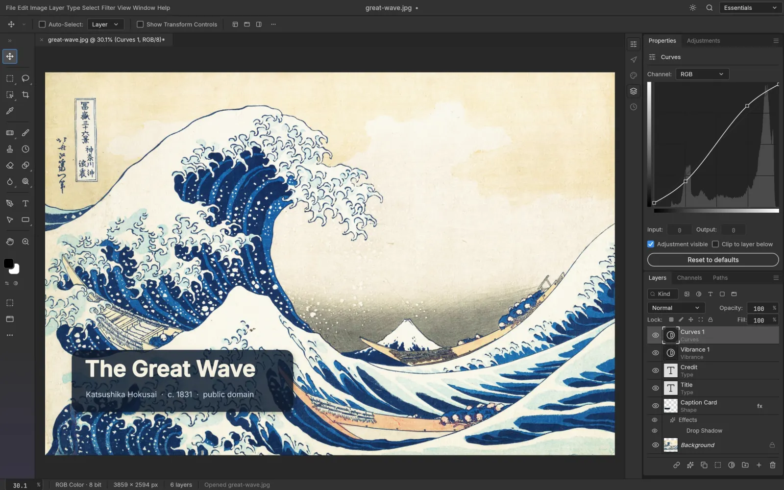 PhotoCraft ArtCraft editing The Great Wave with curves, vibrance and a layer style
