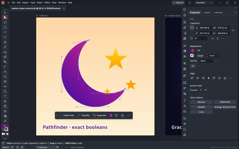 Pen and Direct Selection tools editing Bézier anchors and handles in VectorCraft