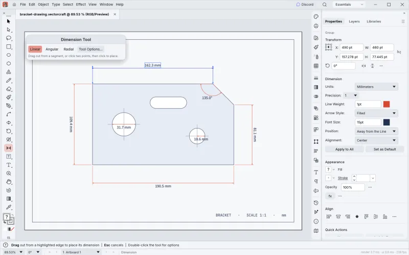 VectorCraft Dimension tool measuring lengths, angles and radii