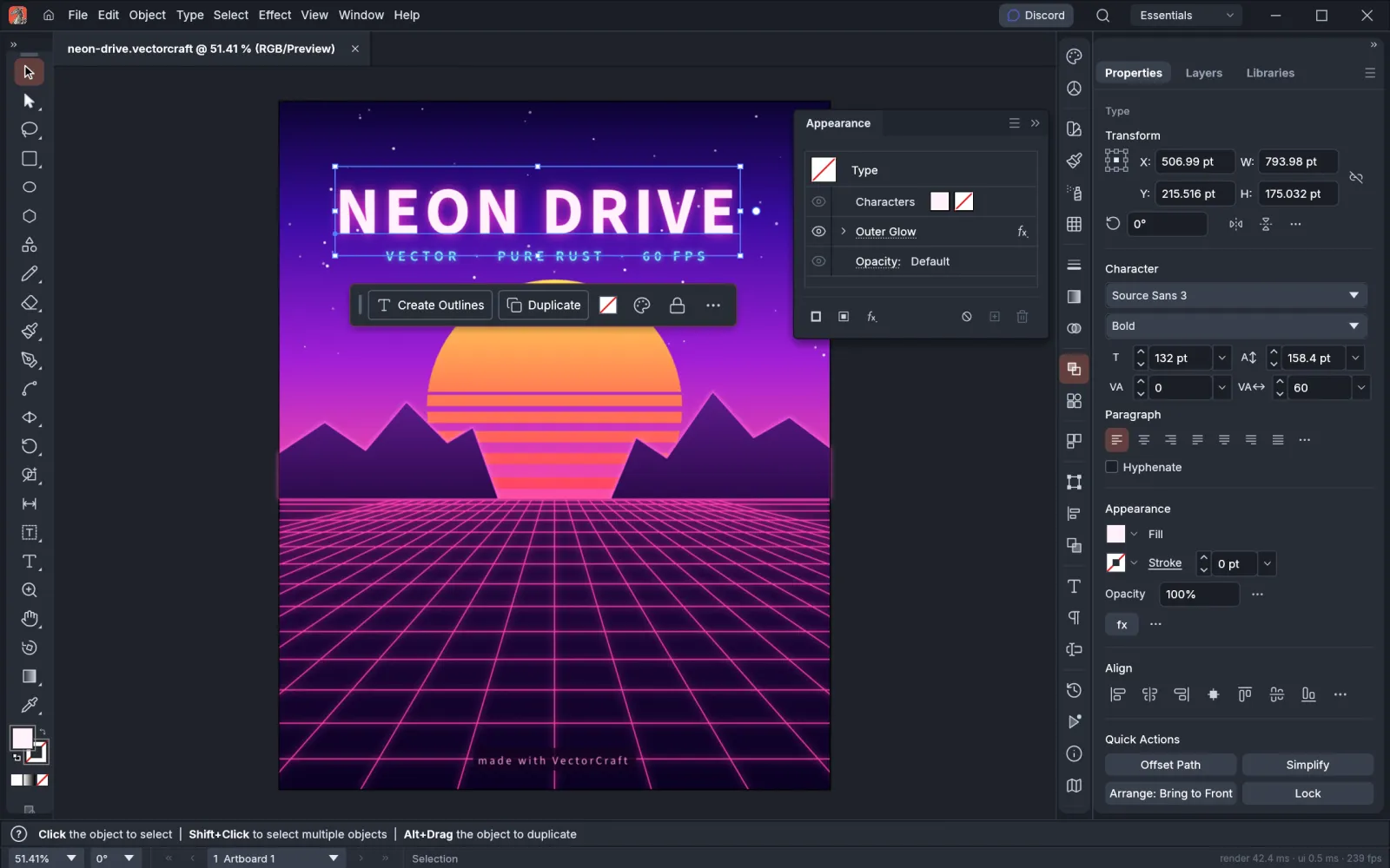 VectorCraft editing a neon poster with live Outer Glow, type styles and the Appearance panel