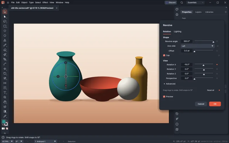 3D Revolve with smooth vector shading in VectorCraft