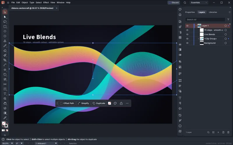 Live Blends and the Layers panel in VectorCraft